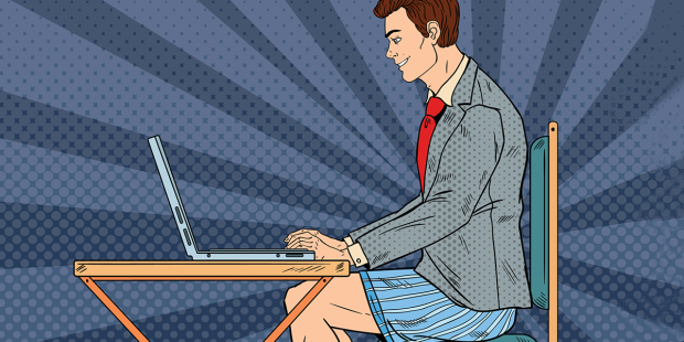 Cartoon of man at laptop wearing jacket and tie with no trousers.