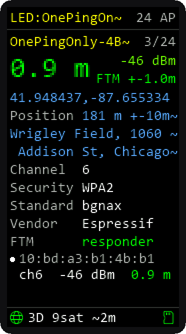 Network details showing FTM distance and the broadcast location